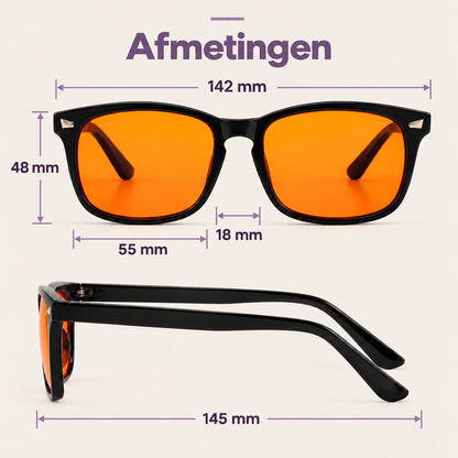 Afmetingen Lunera Avondbril: breedte 142 mm, hoogte 48 mm, lensbreedte 55 mm, neusbrug 18 mm en pootjes 145 mm.