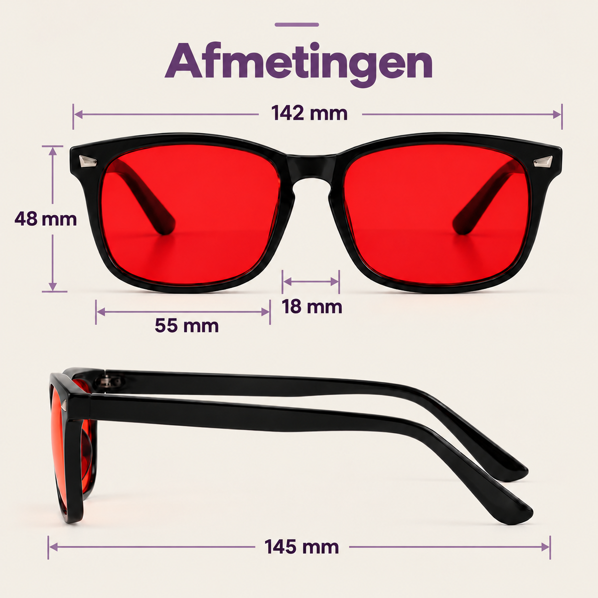 Afmetingen rode Lunera Avondbril: breedte 142 mm, hoogte 48 mm, lensbreedte 55 mm, neusbrug 18 mm en pootjes 145 mm.
