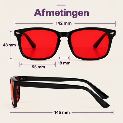 Afmetingen rode Lunera Avondbril: breedte 142 mm, hoogte 48 mm, lensbreedte 55 mm, neusbrug 18 mm en pootjes 145 mm.