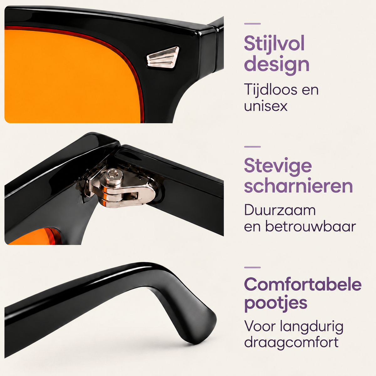 Details van de Lunera Avondbril: montuur, scharnier en pootjes.