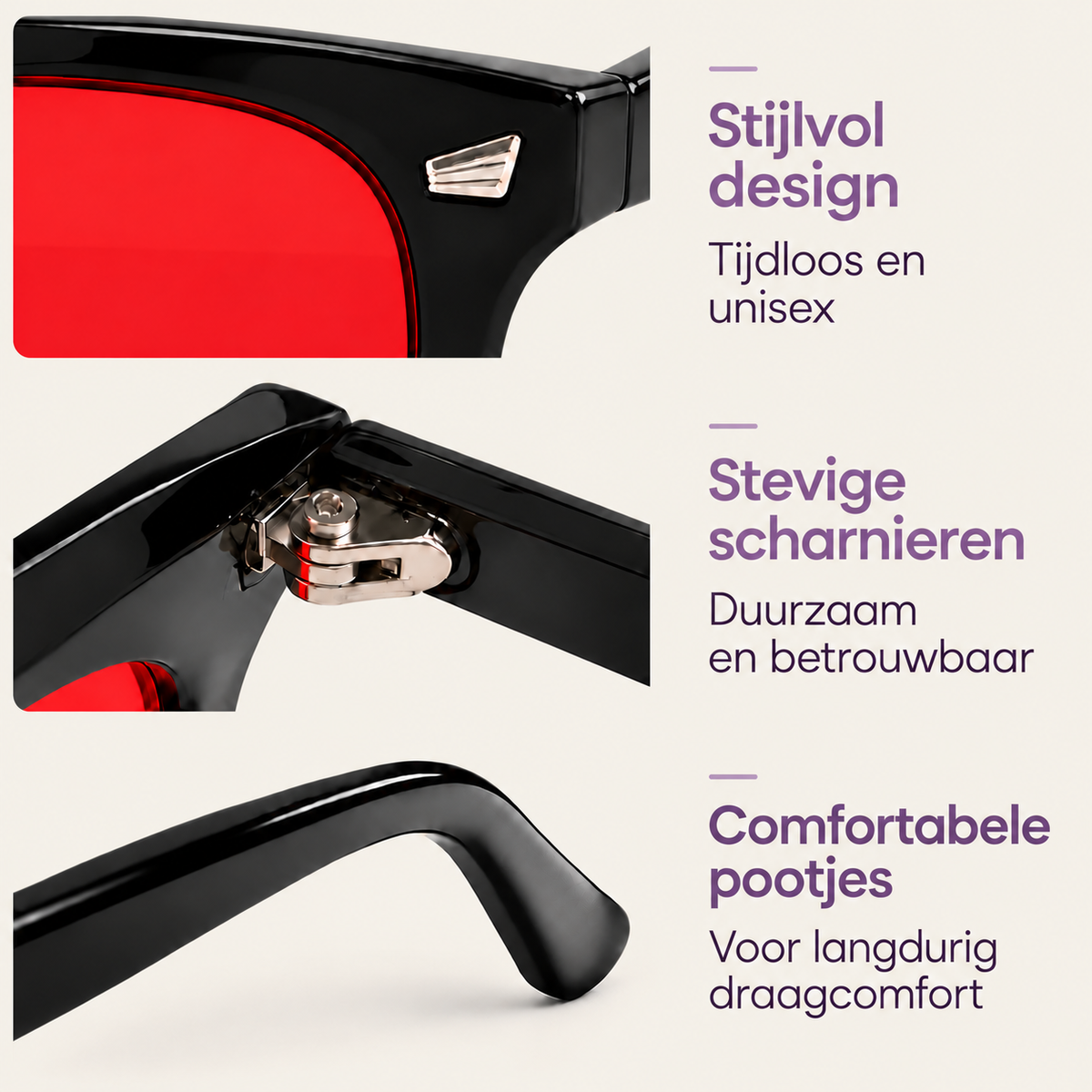 Details van de rode Lunera Avondbril: montuur, scharnier en pootjes.
