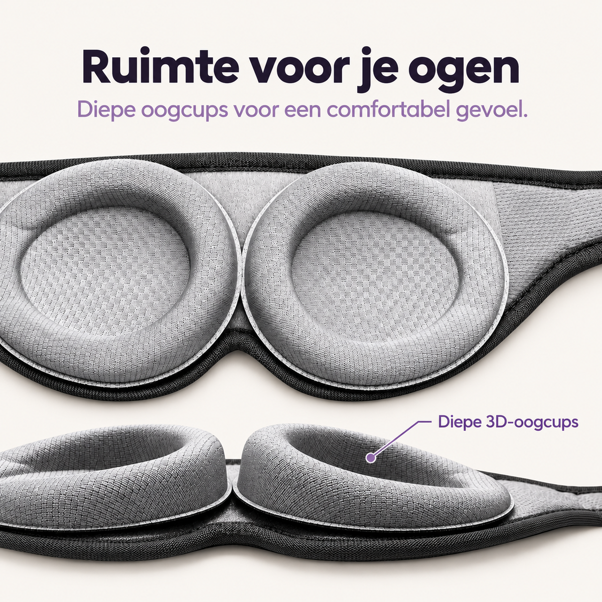 Lunera V2-slaapmasker met diepe 3D-oogcups, van binnen en van opzij bekeken