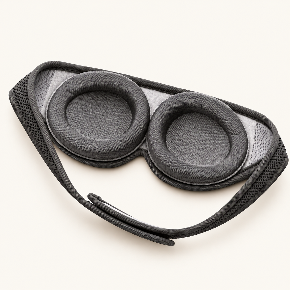 Binnenzijde van het donkergrijze Lunera V2-slaapmasker met diepe oogcups en verstelbare band